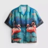 Flamingo-print short-sleeve button-up shirt