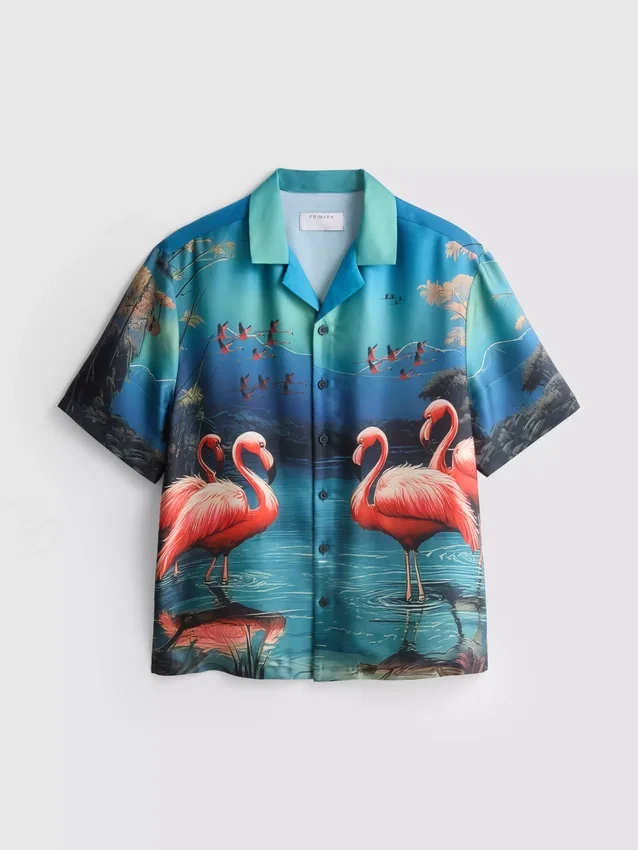 Flamingo-print short-sleeve button-up shirt