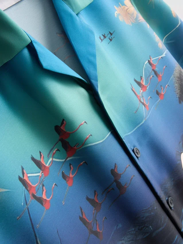 Flamingo-print short-sleeve button-up shirt