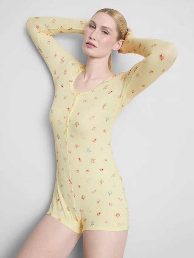 Floral printed ribbed sleep romper