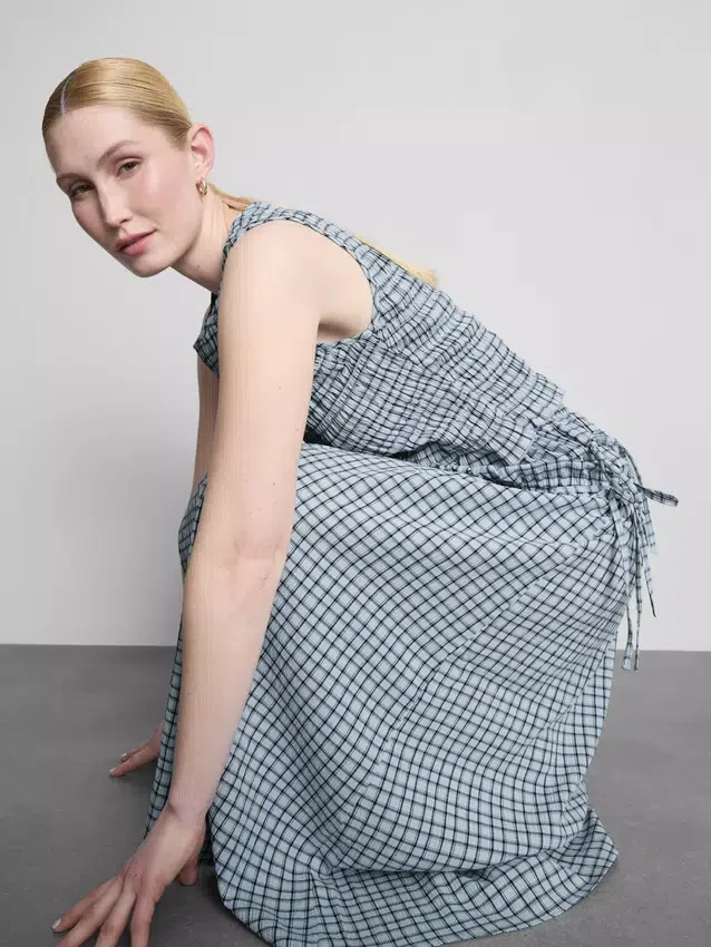 Gathered check midi skirt