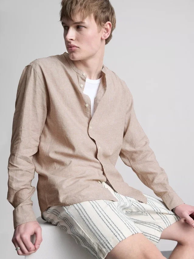 Linen-blend grandad collar shirt