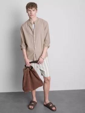 Linen-blend grandad collar shirt