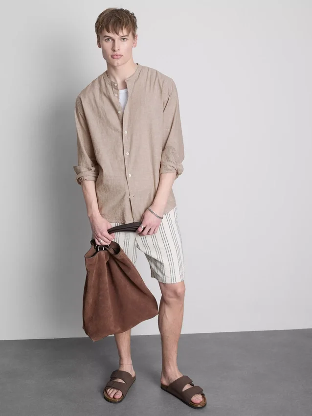Linen-blend grandad collar shirt