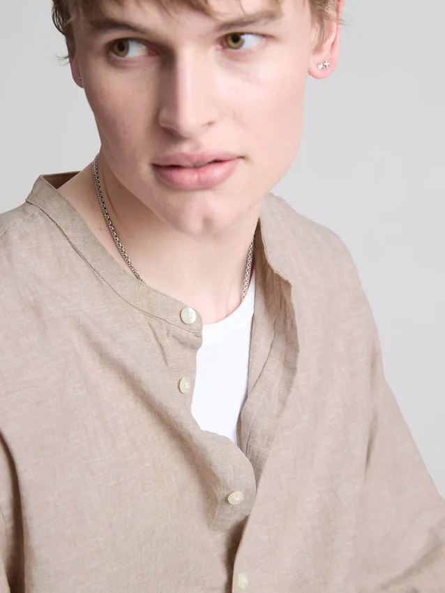 Linen-blend grandad collar shirt