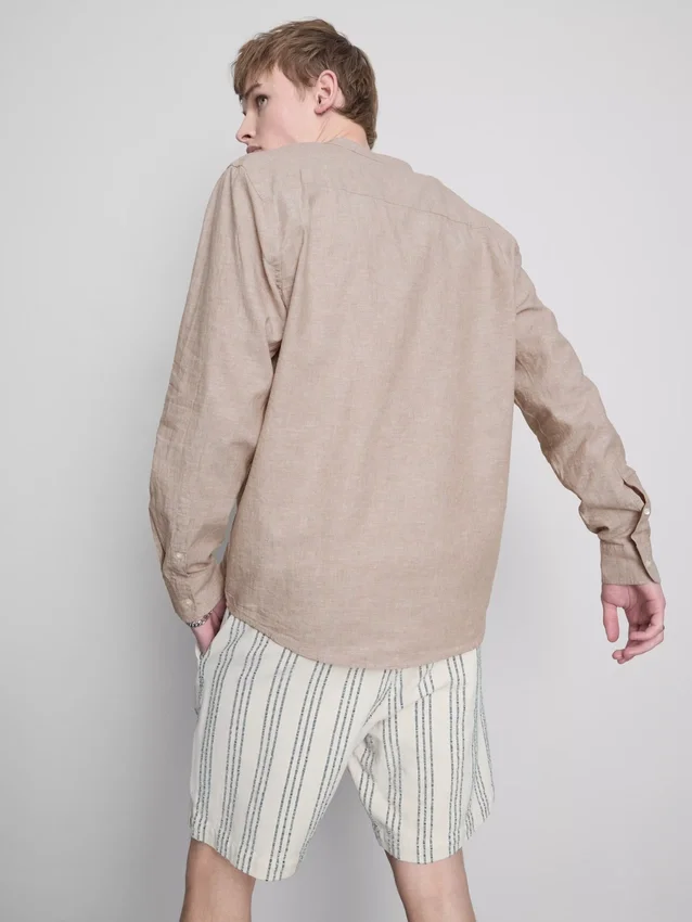 Linen-blend grandad collar shirt
