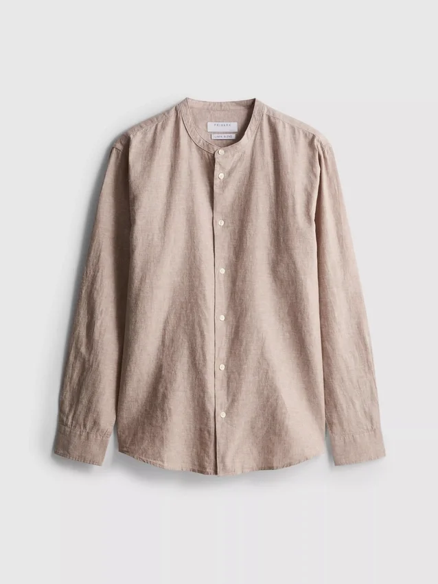 Linen-blend grandad collar shirt