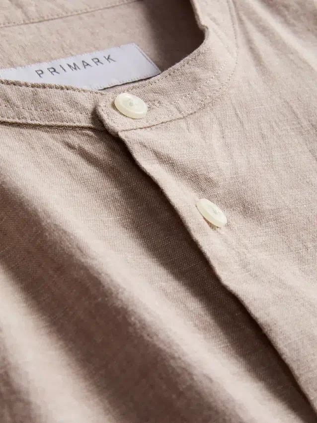 Linen-blend grandad collar shirt