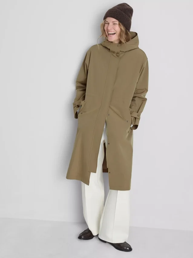 Longline cinched hooded raincoat