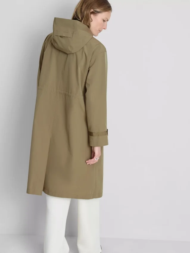 Longline cinched hooded raincoat