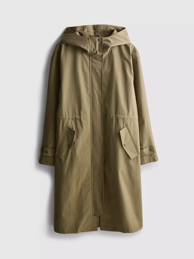 Longline cinched hooded raincoat