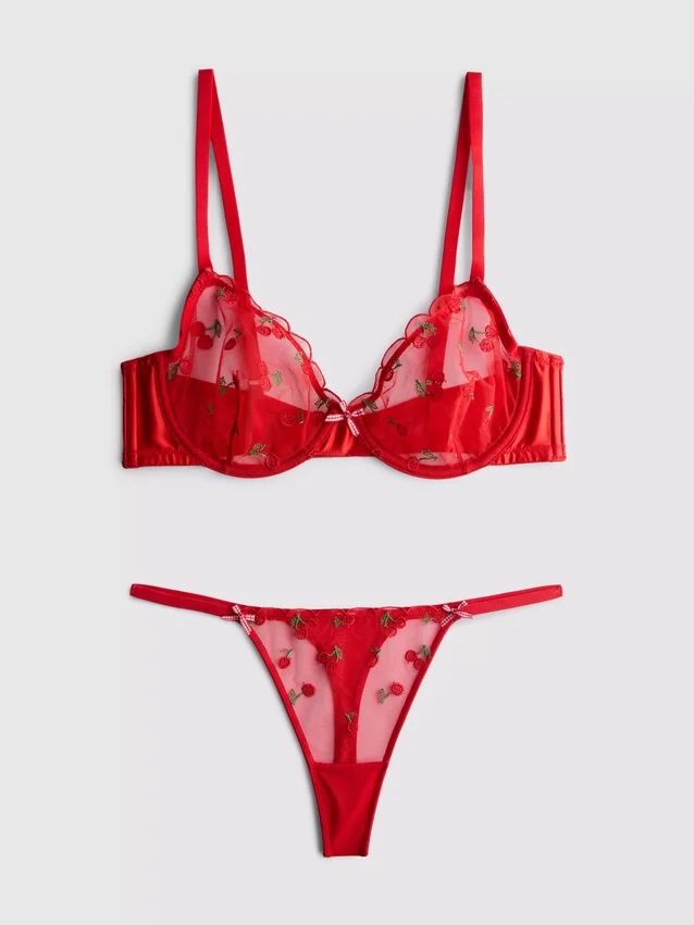 Mesh embroidered cherry underwear set