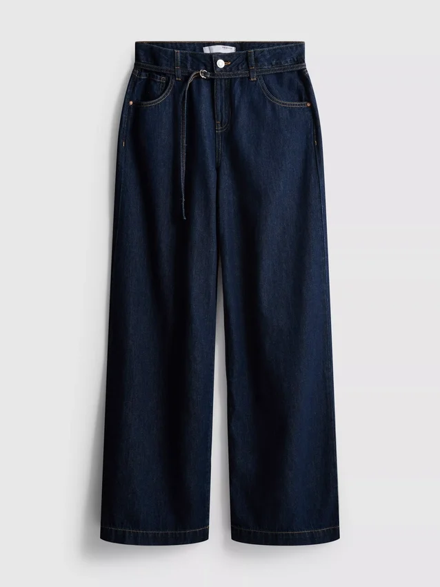 Mid-rise belted wide-leg jeans