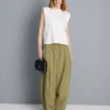 Paper-touch pleated barrel-leg pants