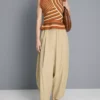 Paper-touch pleated barrel-leg pants