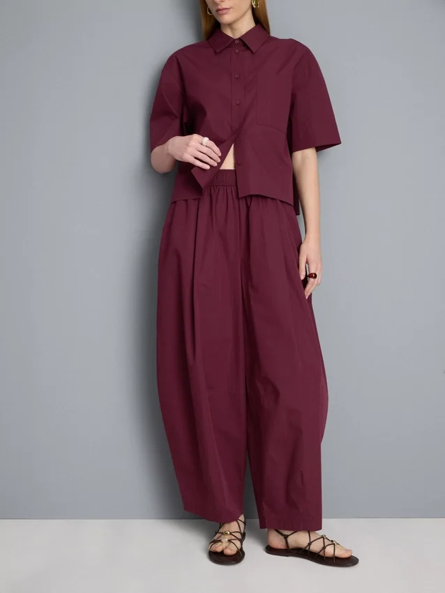 Paper-touch pleated barrel-leg pants