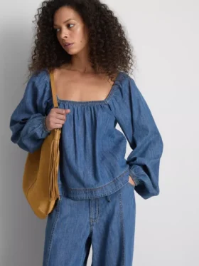Paula echevarría denim puff-sleeve top