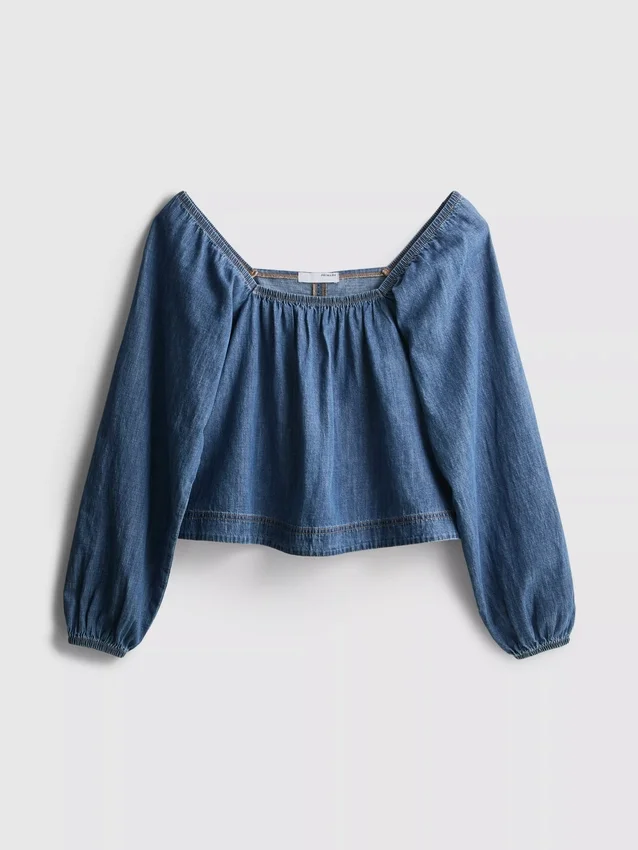 Paula echevarría denim puff-sleeve top