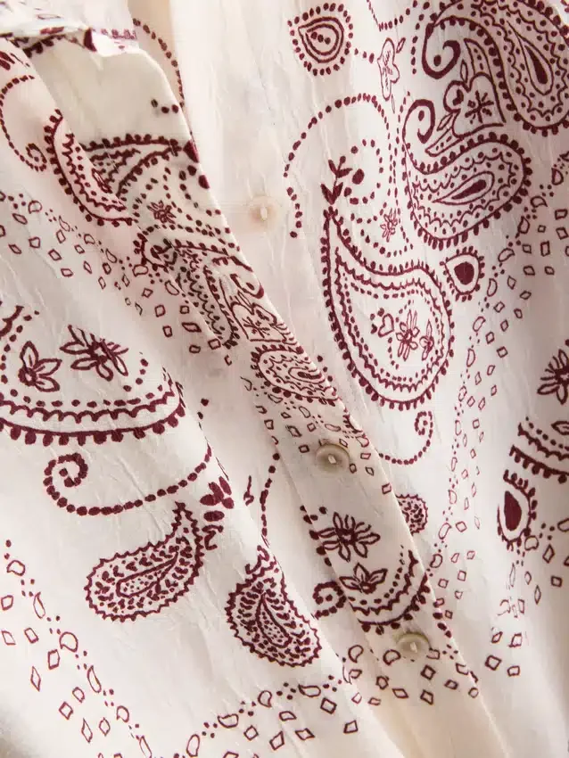 Paula echevarría paisley crushed satin button-up shirt