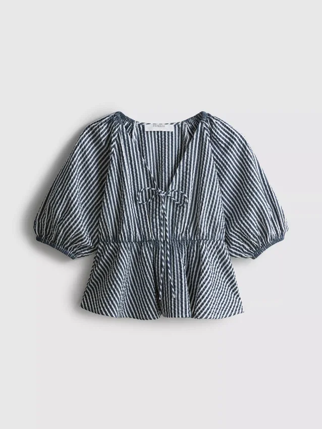 Paula echevarría striped seersucker puff-sleeve blouse
