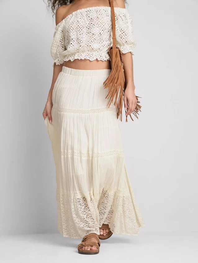 Paula echevarría tiered crinkle lace midi skirt