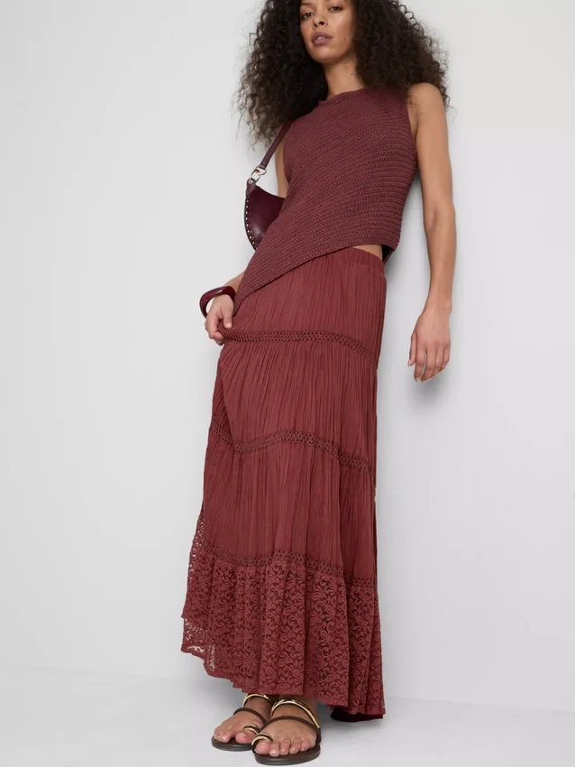 Paula echevarría tiered crinkle lace midi skirt