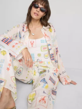 Printed cotton beach button-down shirt