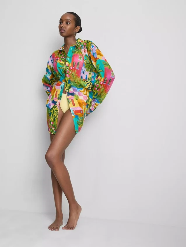 Printed cotton beach button-down shirt