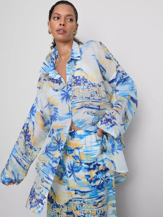 Printed cotton beach button-down shirt