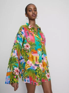 Printed cotton beach button-down shirt