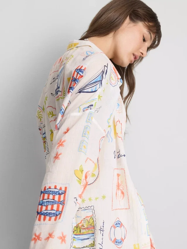 Printed cotton beach button-down shirt