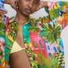 Printed cotton beach button-down shirt