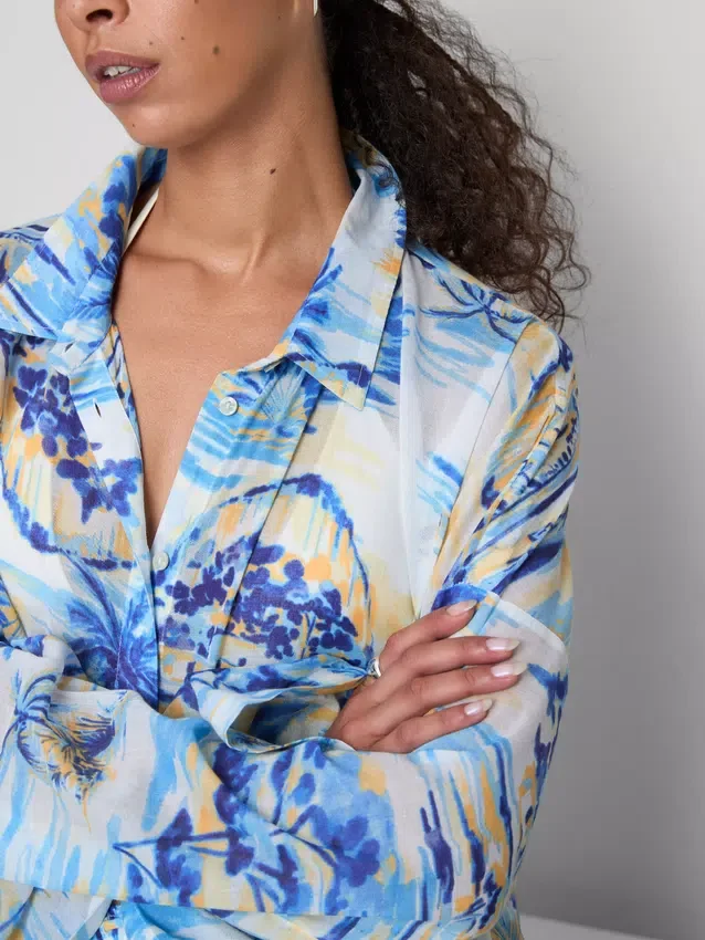 Printed cotton beach button-down shirt