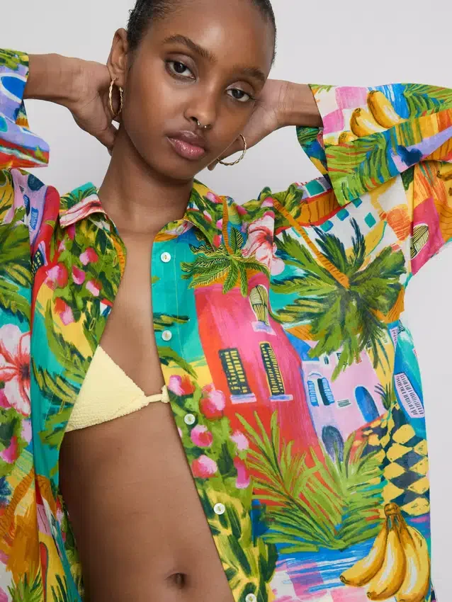 Printed cotton beach button-down shirt