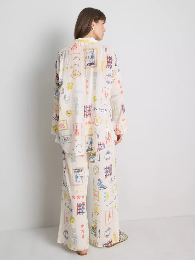 Printed cotton beach button-down shirt