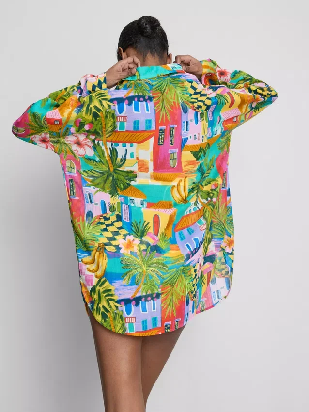Printed cotton beach button-down shirt