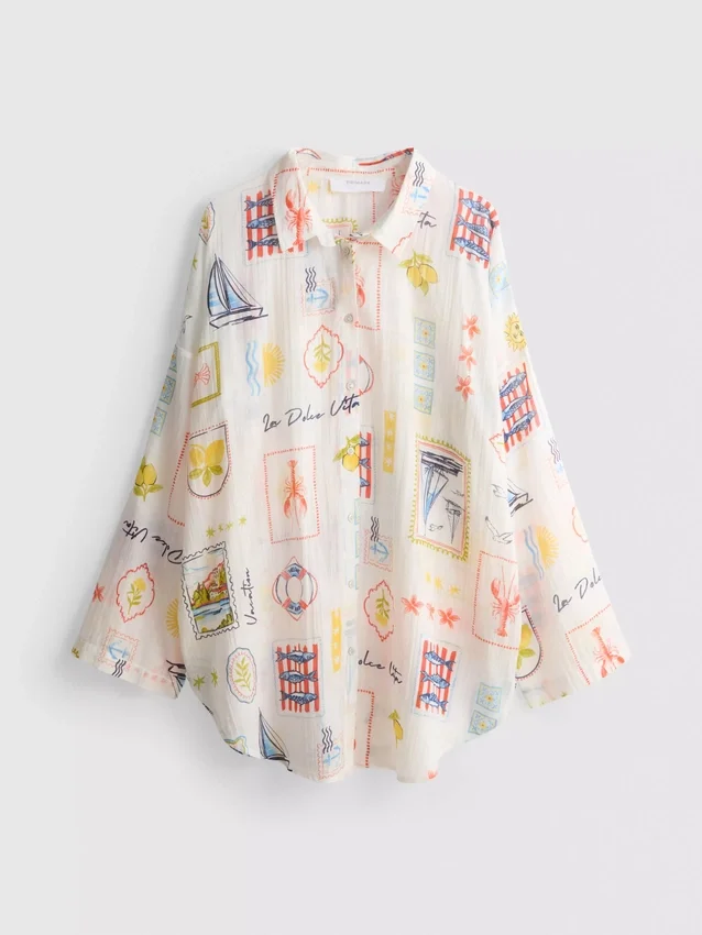 Printed cotton beach button-down shirt