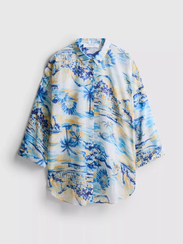 Printed cotton beach button-down shirt