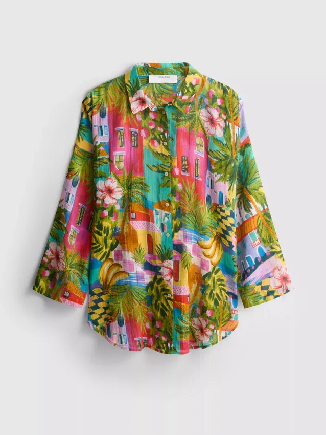 Printed cotton beach button-down shirt