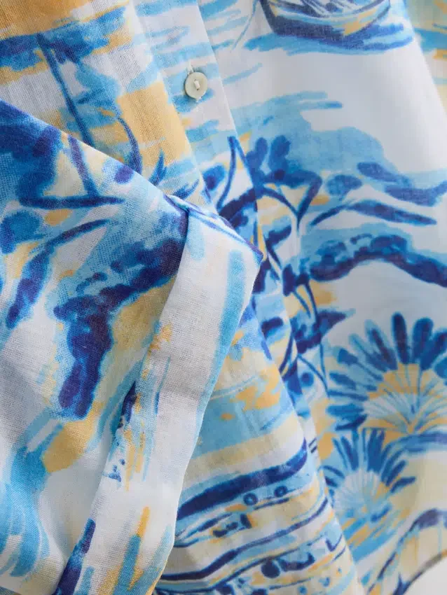 Printed cotton beach button-down shirt
