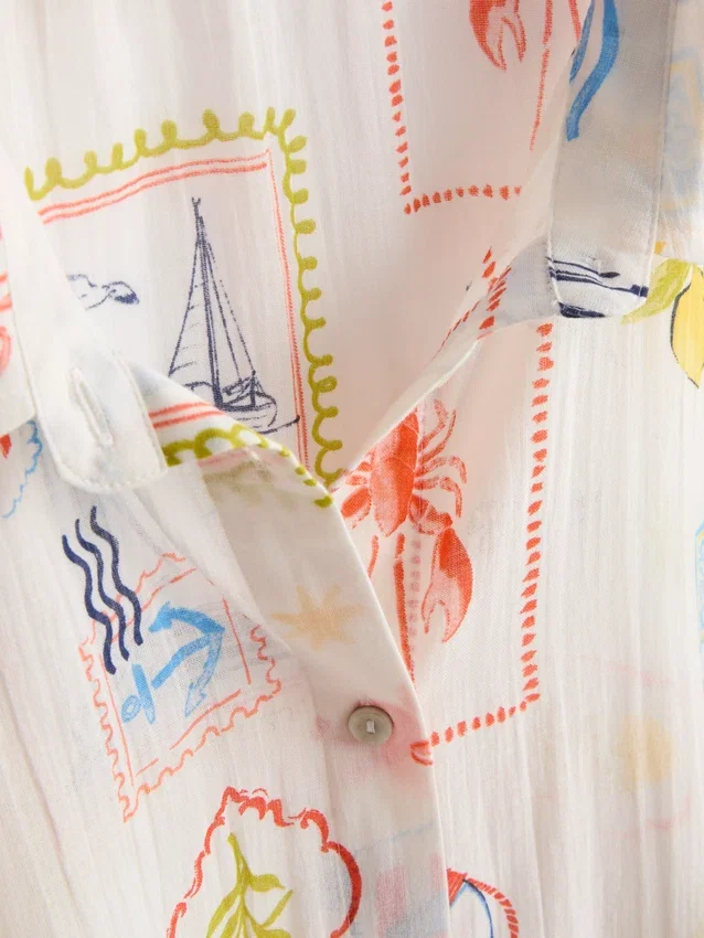 Printed cotton beach button-down shirt