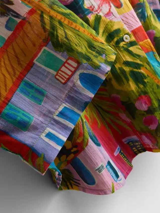 Printed cotton beach button-down shirt