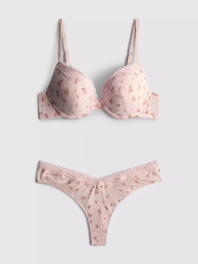 Printed push-up bra and thong set