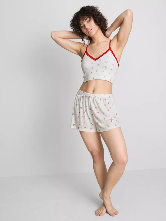 Printed ribbed pajama shorts
