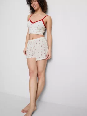 Printed ribbed pajama shorts