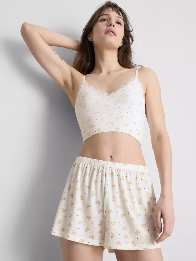 Printed ribbed pajama shorts
