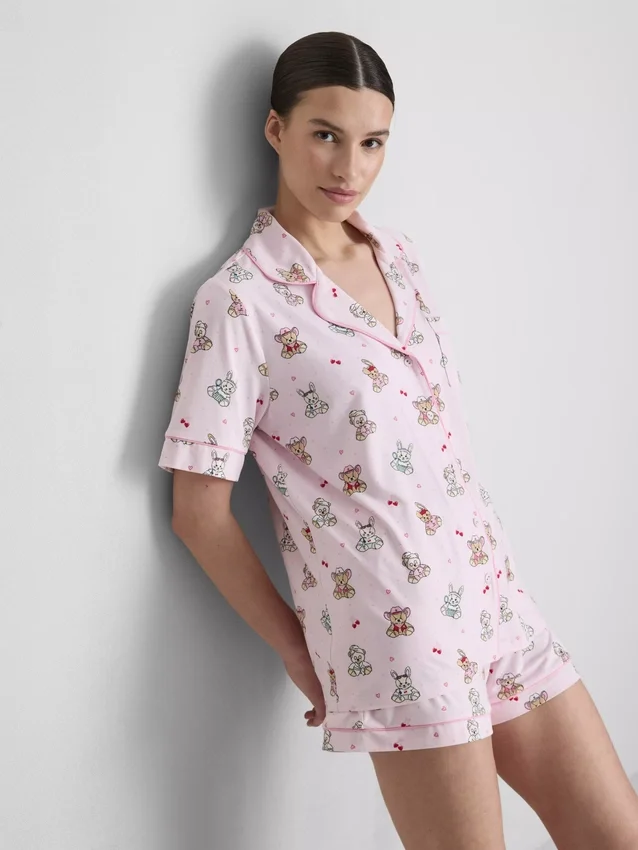 Printed teddy boyfriend shorty pajamas