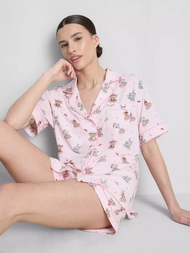 Printed teddy boyfriend shorty pajamas