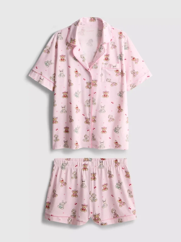 Printed teddy boyfriend shorty pajamas