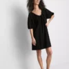 Puff-sleeve mini smock dress